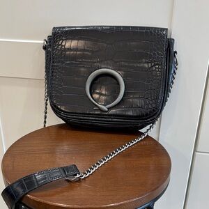 Zara Black Croc-Embossed Shoulder Bag